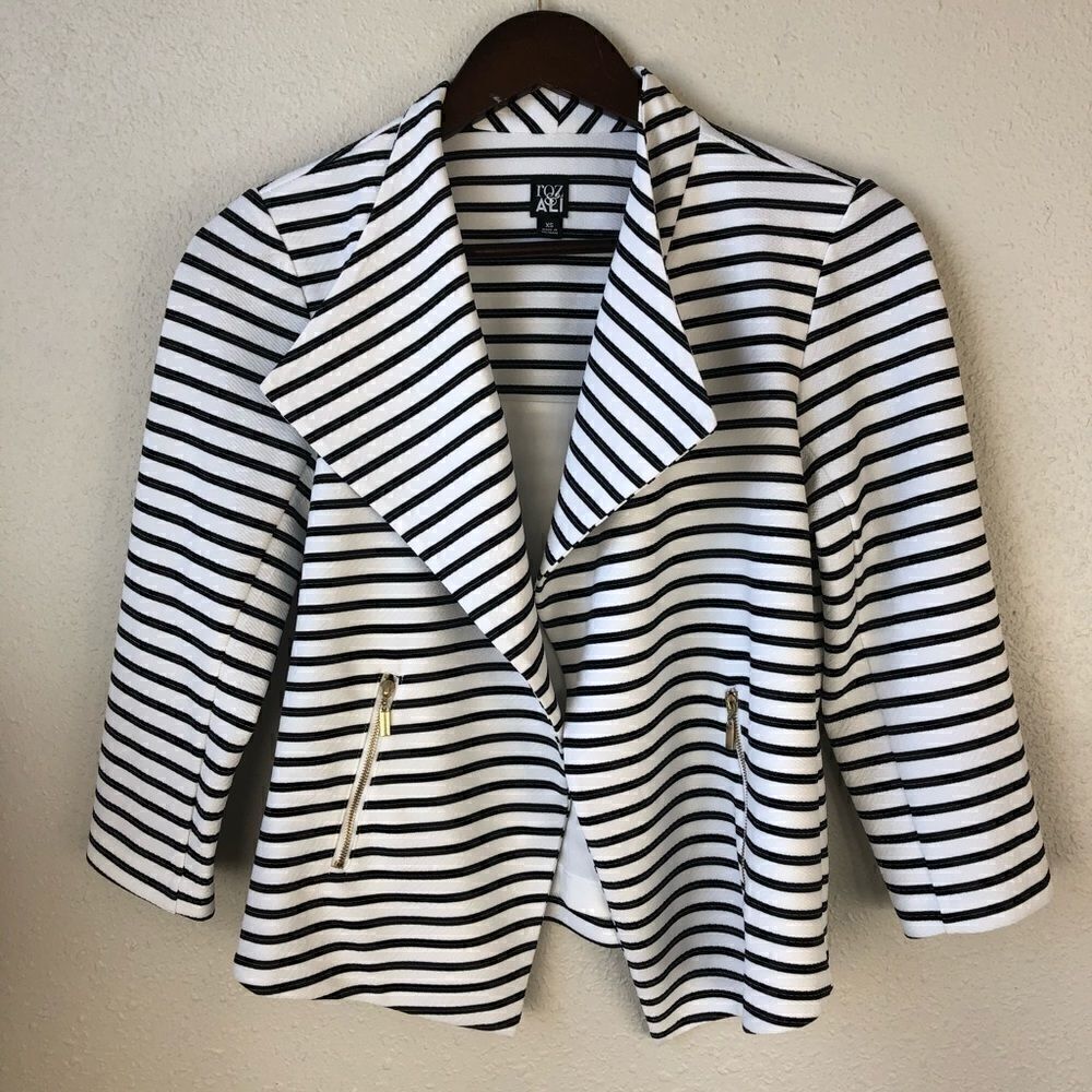 Roz & Ali Black and White Striped Blazer Jacket XS